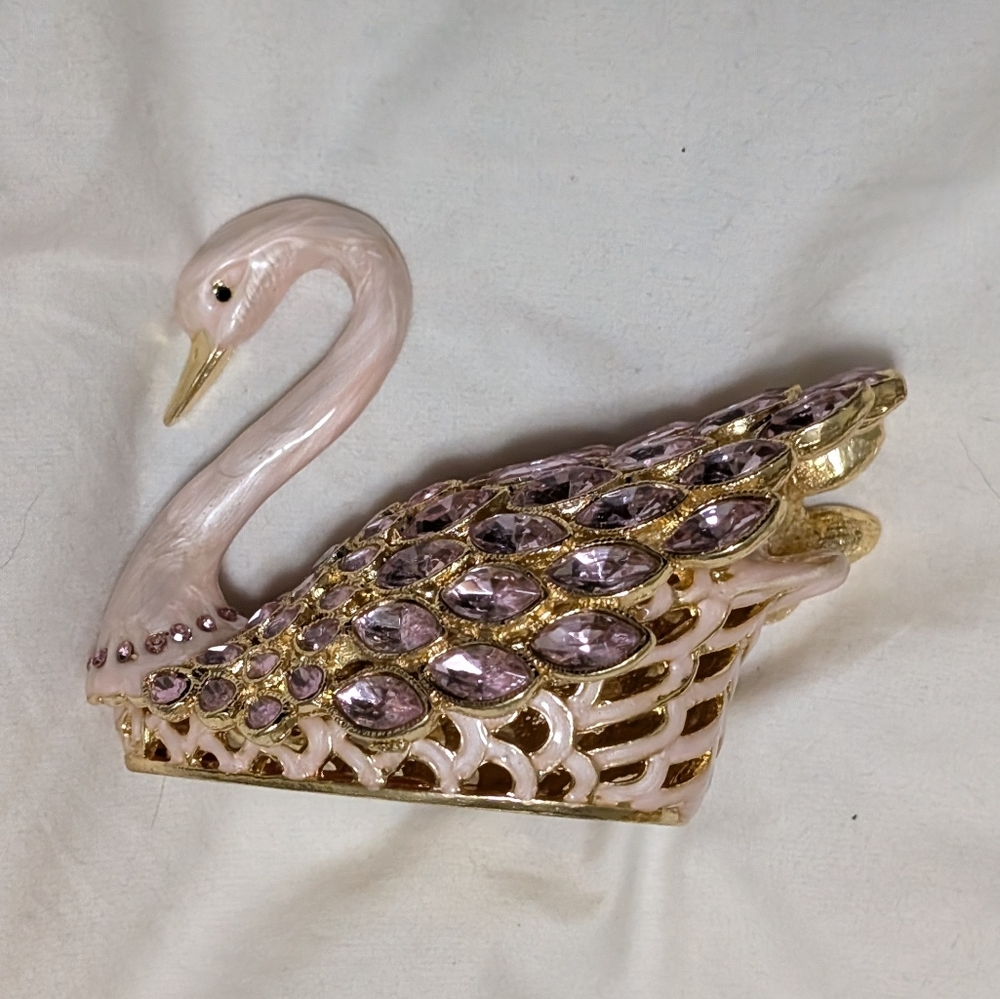 NEW Vintage Enamel Ring Box Pink And Gold Swan Trinket Box